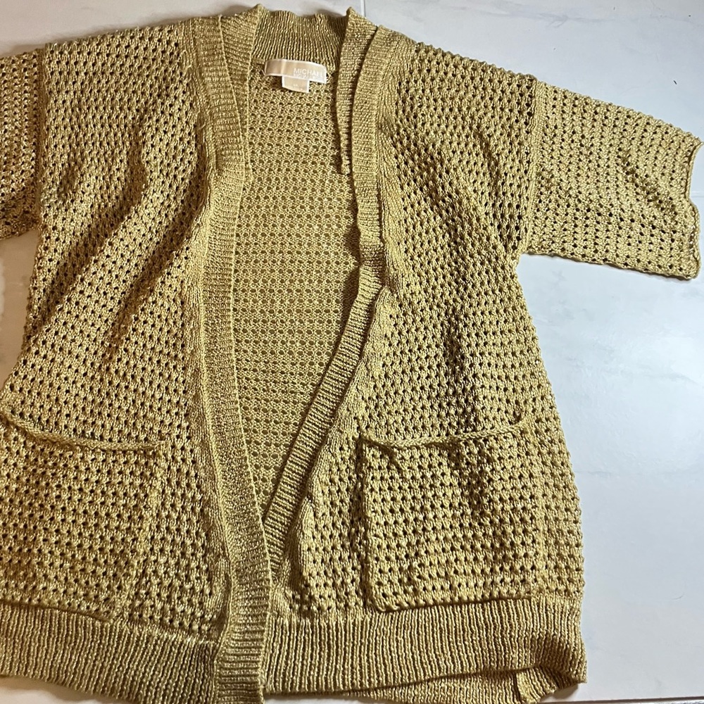 Michael kohrs gold Open Knit Cardigan Sweater with pockets.  EUC!